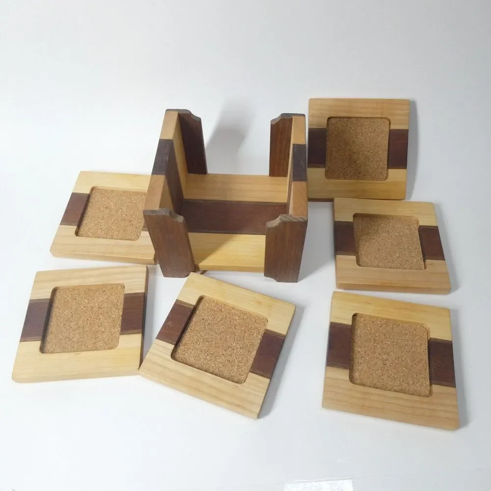 Handmade Wooden Coasters Set 6 w/Holder Handcrafted Signed Artisan Woodworking - Picture 7 of 10